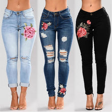 Load image into Gallery viewer, Stretch Embroidered Jeans Ripped Rose Pattern
