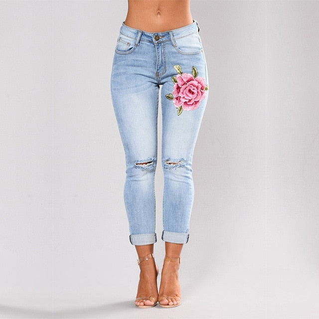 Stretch Embroidered Jeans Ripped Rose Pattern