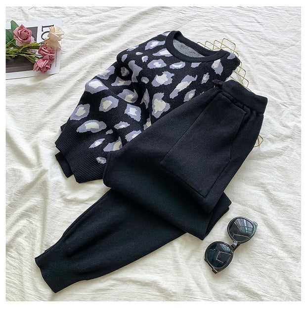 Women's Knit Leopard Two Pieces Outfit