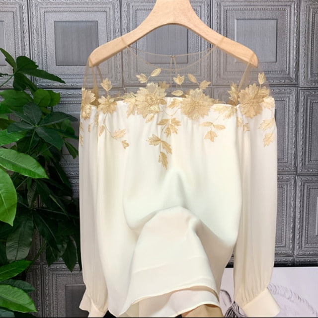 Flowers Embroidered Mesh Satin Blouse
