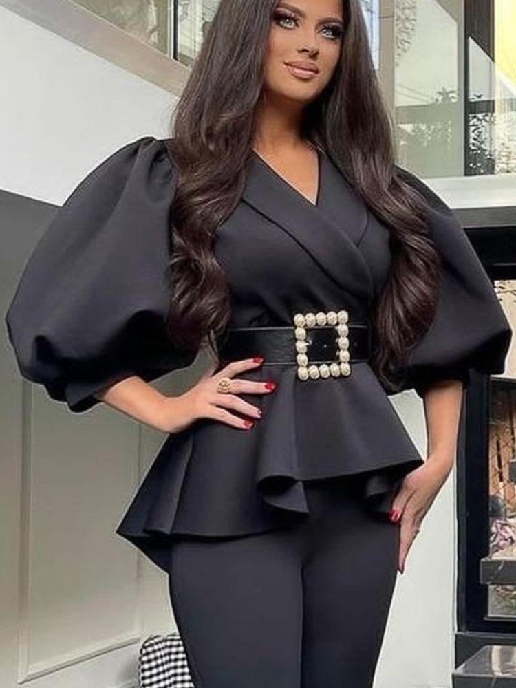 Black Blouse Short Puff Ruffles Sleeve Elegant Fashion