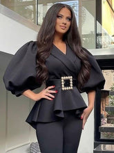 Load image into Gallery viewer, Black Blouse Short Puff Ruffles Sleeve Elegant Fashion
