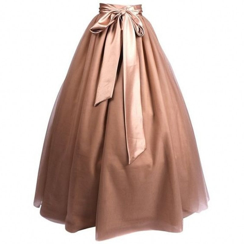 Elegant Full Tulle Skirts Ribbon Waistline A Line  Maxi Skirt